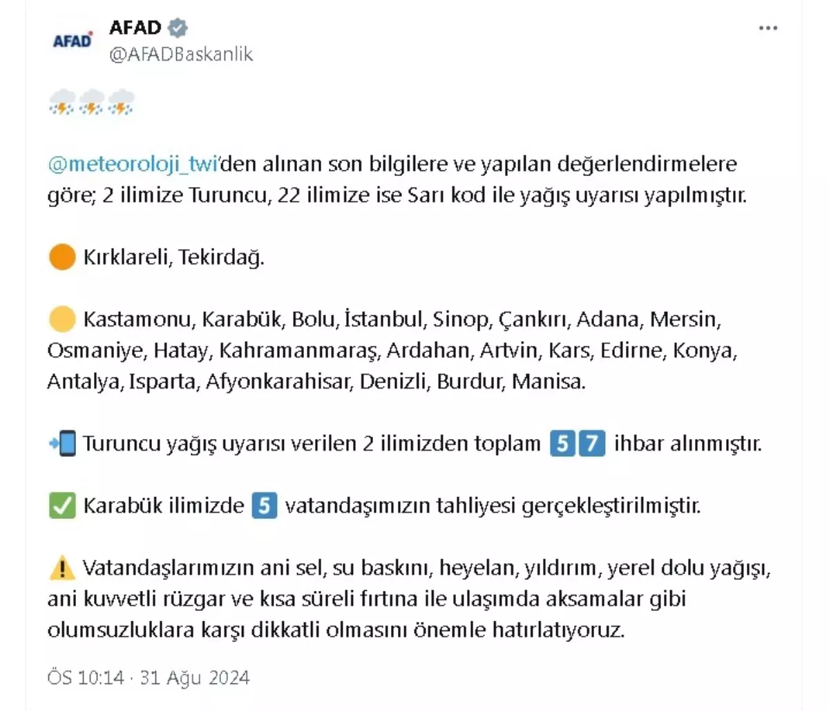 AFAD’dan 2 ilimize turuncu, 22 ilimize sarı kodlu yağış uyarısı